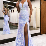 Raddix | Mermaid Deep V Neck Blue Sequins Lace Long Prom Dresses with Slit