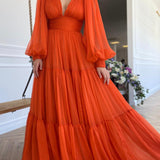 Iyla | Orange Chiffon Floor Length Prom Dress, Long Sleeve Evening Party Dress