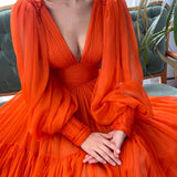 Iyla | Orange Chiffon Floor Length Prom Dress, Long Sleeve Evening Party Dress