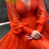 Iyla | Orange Chiffon Floor Length Prom Dress, Long Sleeve Evening Party Dress