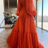 Iyla | Orange Chiffon Floor Length Prom Dress, Long Sleeve Evening Party Dress