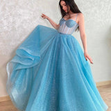 Mavis | Blue Tulle Long A-Line Prom Dress, Blue Lace-Up Evening Dress with Corset