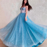 Mavis | Blue Tulle Long A-Line Prom Dress, Blue Lace-Up Evening Dress with Corset