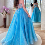 Mavis | Blue Tulle Long A-Line Prom Dress, Blue Lace-Up Evening Dress with Corset