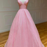 Elodie | Pink Tulle Long Backless Prom Dress A-Line V Neck Party Dress