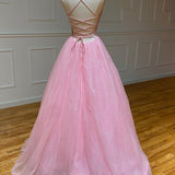 Elodie | Pink Tulle Long Backless Prom Dress A-Line V Neck Party Dress