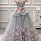 Becky | Elegant Lace-up Back Floral Appliques Grey Long Prom Dress