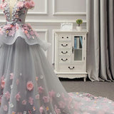 Becky | Elegant Lace-up Back Floral Appliques Grey Long Prom Dress