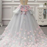 Becky | Elegant Lace-up Back Floral Appliques Grey Long Prom Dress