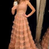 Kamari | Elegant Straps Peach Long Prom Dress with Cascading Ruffles