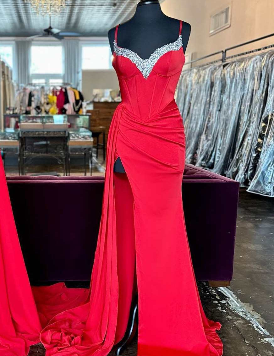 Red Beaded Queen Anne Neck Straps Long Formal Gown with Attached Train