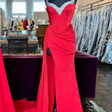 Red Beaded Queen Anne Neck Straps Long Formal Gown with Attached Train