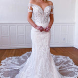 Laney | Mermaid Off-the-Shoulder Short Sleeves Long White Lace Bridal Dress