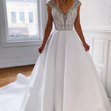 Marleigh | A-Line V-Neck Long White Wedding Dress with Silver Beads