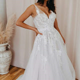 Malaya | A-Line V Back Long White Wedding Dress with Lace Appliqued