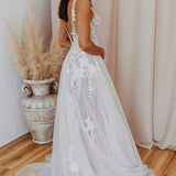 Malaya | A-Line V Back Long White Wedding Dress with Lace Appliqued