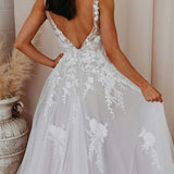 Malaya | A-Line V Back Long White Wedding Dress with Lace Appliqued