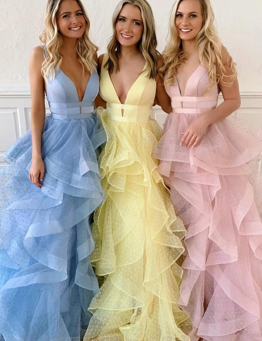 Teagan |A-line V Neck Cascading Ruffles Long Prom Dress