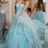 Open Back Glittering Light Blue Long Prom Dress with Ruffles