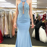 Open Back Mermaid Sky Blue Long Prom Dress