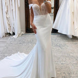 Charming Mermaid Off the Shoulder Satin Long Wedding Dresses with Sequins