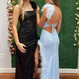 Sharon |Charming Sheath One Shoulder Sequins Prom Dresses with Feather