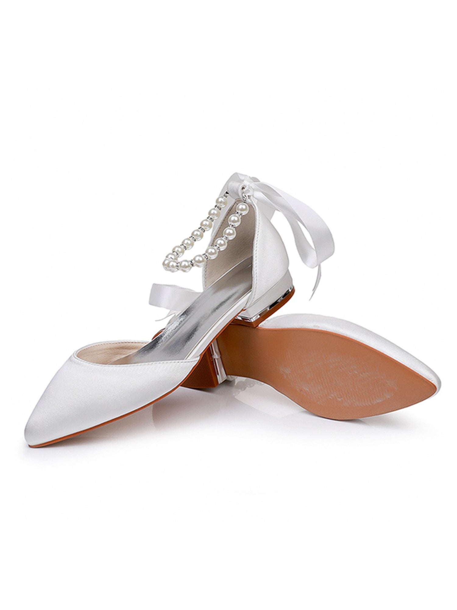 Satin Beaded Ribbon Low Heels Bridal Shoes