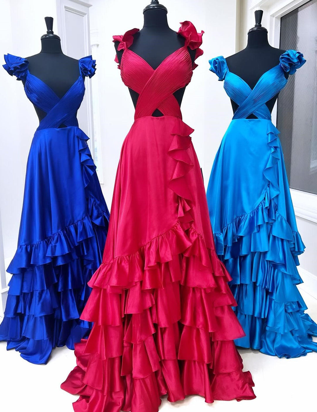 Brittany | Red Cutout Ruffle A-Line Long Prom Dress with Slit