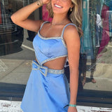 Spaghetti Straps Blue Cutout Homecoming Dress with Bow