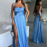 A Line Cowl Neck Blue Silk Saitn Bridesmaid Dresses with Slit