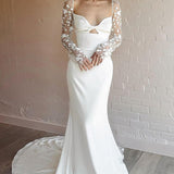 Elegant Mermaid Sweetheart Satin Long Wedding Dresses with Long Sleeves