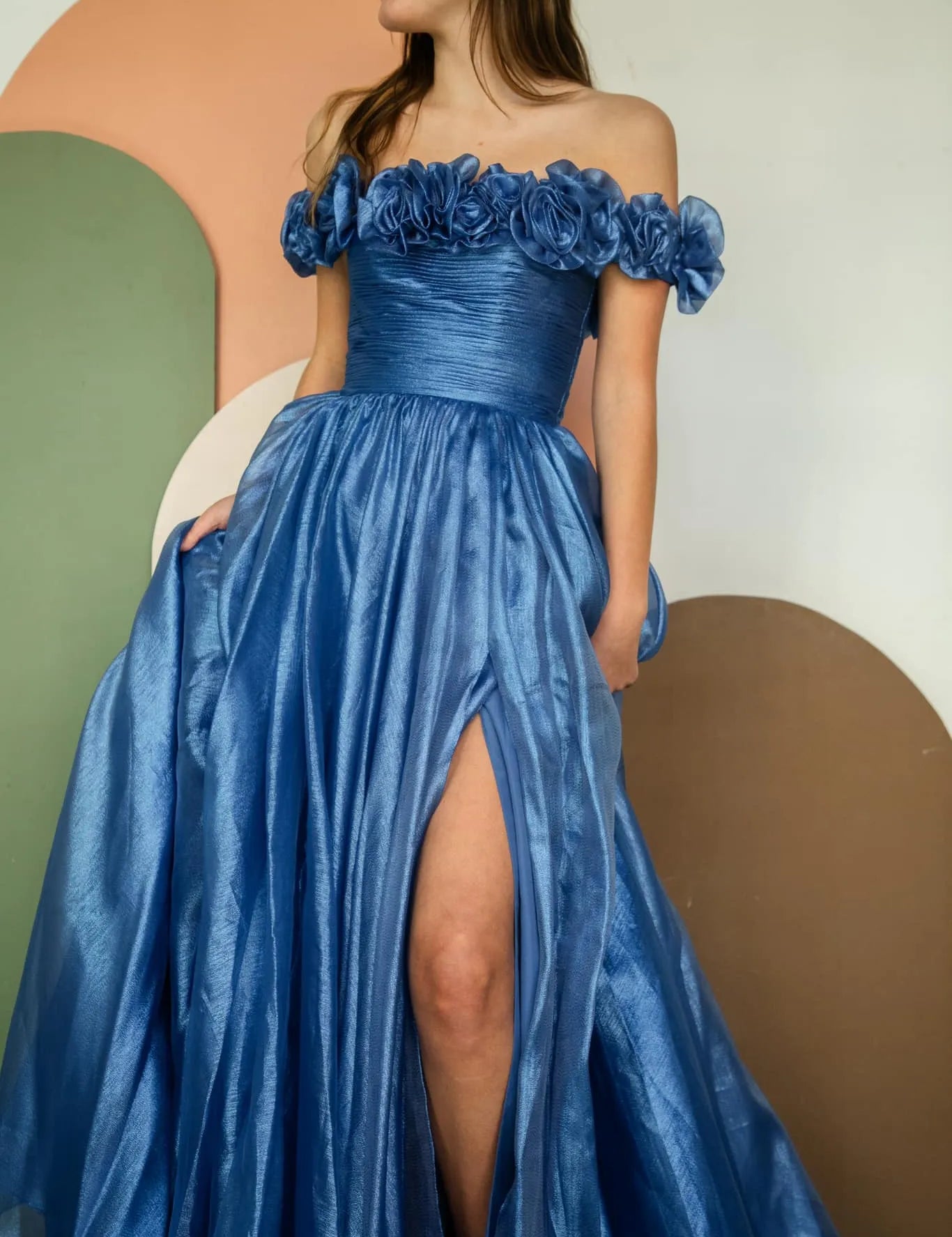 Teodora | Royal Blue Off the Shoulder A-Line Prom Dress with  3D Floral