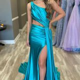 Shannon |Charming Mermaid One Shoulder Satin Prom Dresses with Slit