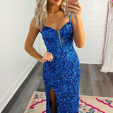 Avril | Mermaid Sweetheart Blue Sequins Long Prom Dresses with Slit