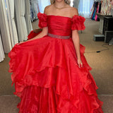 Giovanna | Red Off-the-Shoulder Layers Beaded Tulle Long Prom Dress