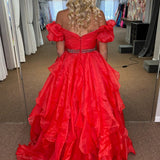 Giovanna | Red Off-the-Shoulder Layers Beaded Tulle Long Prom Dress