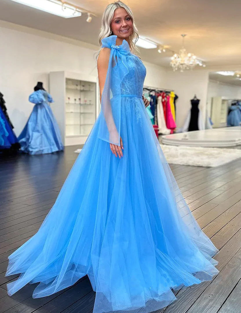 Ximena | Cute A Line One Shoulder Blue Tulle Prom Dress with Appliques