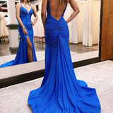 Royal Blue Beaded V Neck Mermaid Long Prom Dresses with Slit