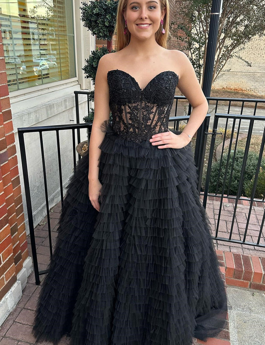 Addilyn |A-line Strapless Multi-Layers Tulle Prom Dress with Slit