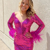 Ronna | V Neck Hot Pink Sequins Short Tight Homecoming Dress