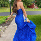 Strapless Royal Blue Lace Prom Dress with Slit