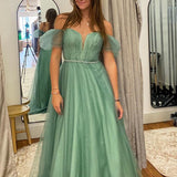 Lilyana | Sea Glass Tulle A-line V Neckline Off-Shoulder Long Prom Dress