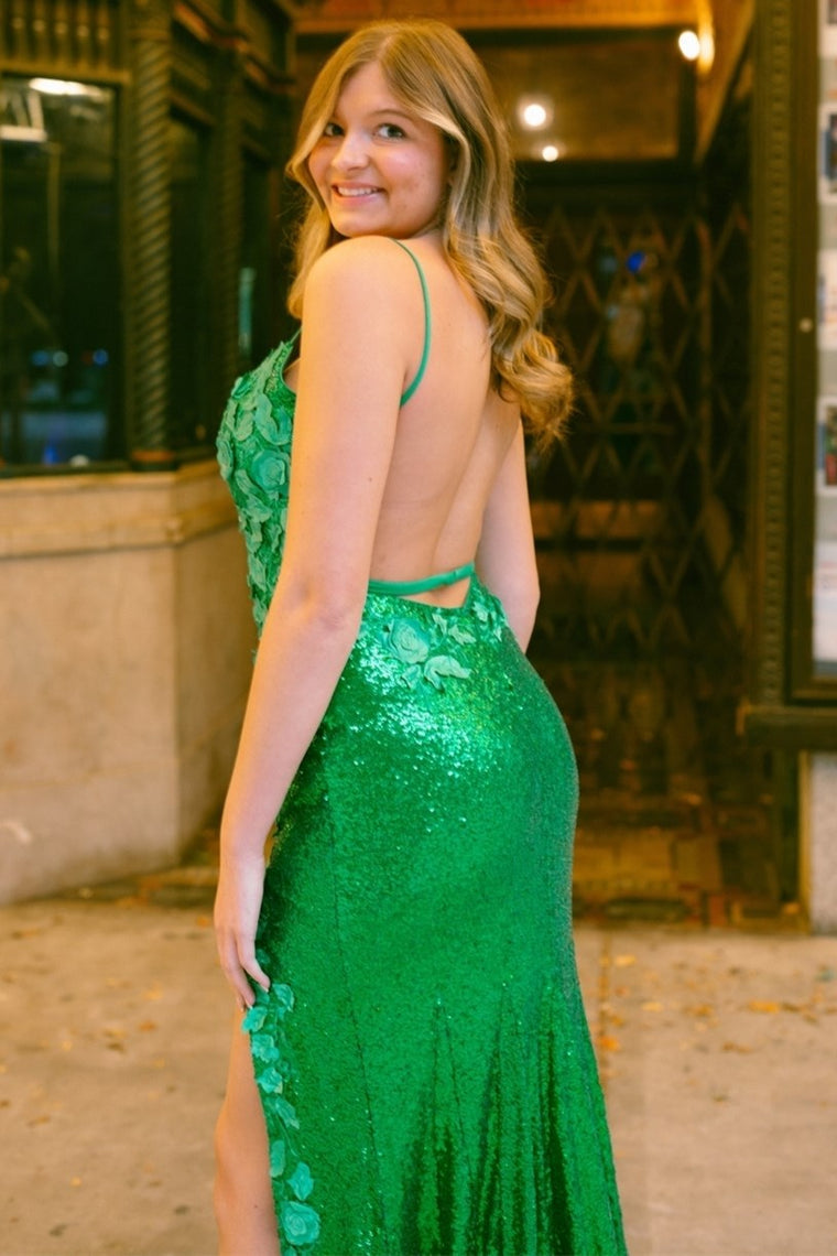 Mermaid V Neck Sequins Prom Dress with Slit