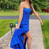 Strapless Royal Blue Lace Prom Dress with Slit