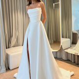 Ball-Gown Strapless Sleeveless  Sweep Train Satin Wedding Dresses With Split Front