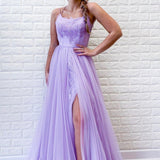 A Line Purple Backless Tulle Long Prom Dress