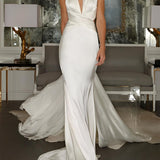 Mermaid V-Neck Sleeveless Sweep Train Silk Like Satin Wedding Dresses