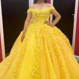 Quinceanera Dress Yellow Off-the-Shoulder Ball Gown with 3D Floral Lace