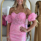 Pink Strapless Applique Bodycon Homecoming Dress wiith Sleeves