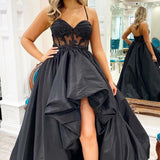 Aubrey | Black Appliques Hi-Low Straps Long Prom Dress